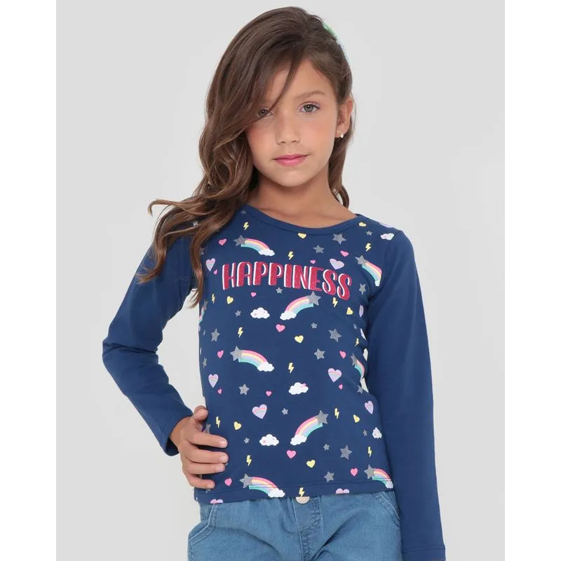 Blusa Infantil Manga Longa Estampa Arco-Íris Azul Marinho 4
