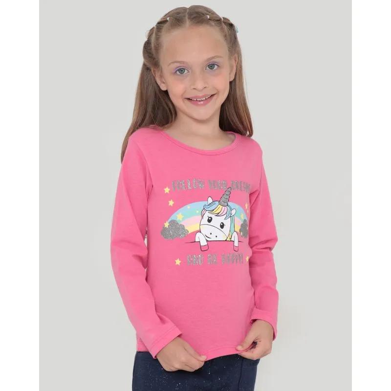 Blusa Infantil Manga Longa Estampa Unicórnio Rosa 10