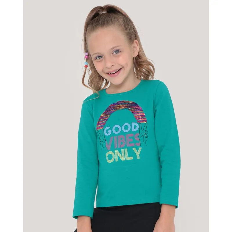 Blusa Infantil Manga Longa Estampa Good Vibes Com Paetês Reversíveis Verde 4