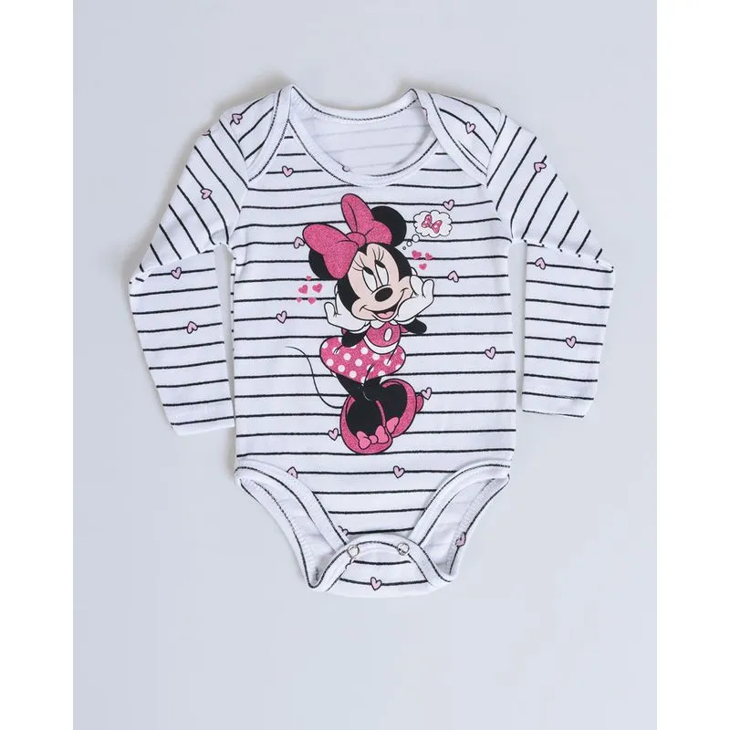 Body Bebê Minnie Mouse Disney Manga Longa Branco M