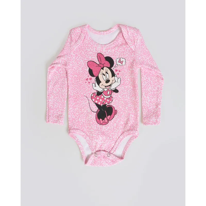 Body Bebê Minnie Mouse Disney Manga Longa Rosa Claro M