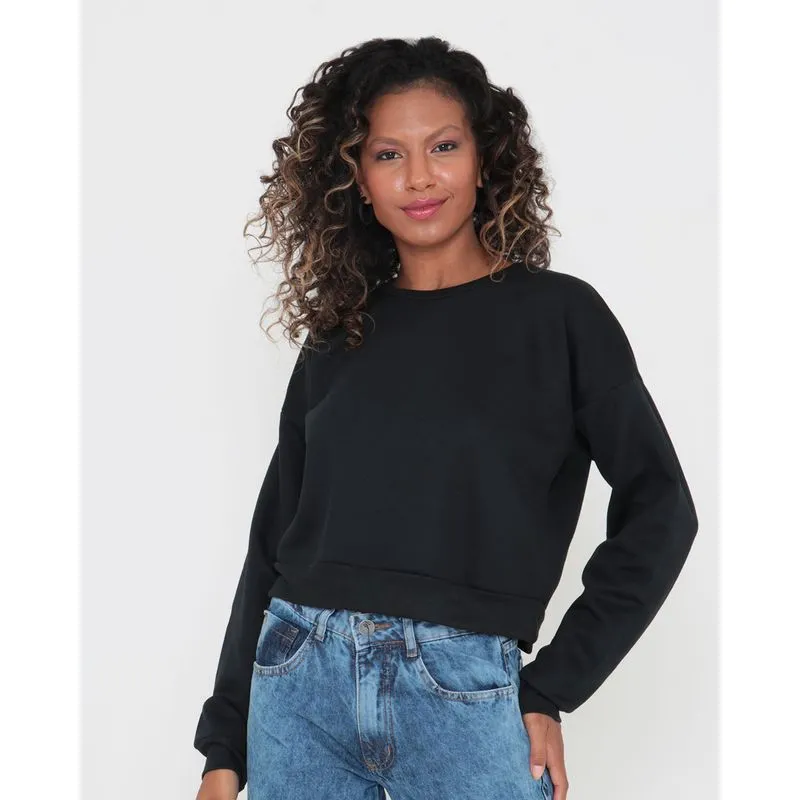 Blusão Feminino Cropped Moletom Básica Preta M