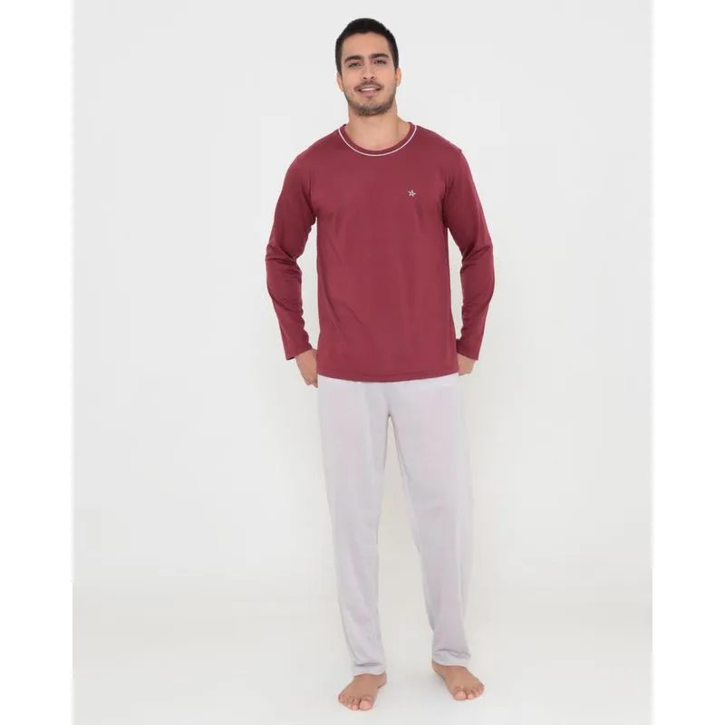 Pijama Masculino Manga Longa Liso Vinho P