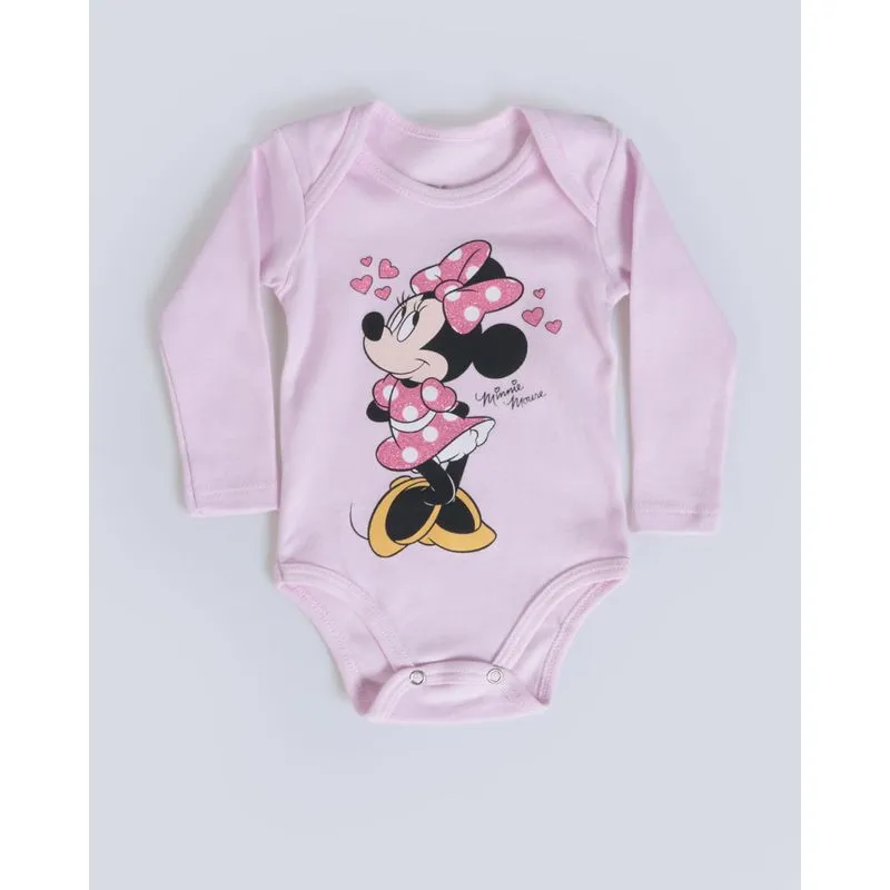 Body Bebê Minnie Mouse Disney Manga Longa Lilás Claro M