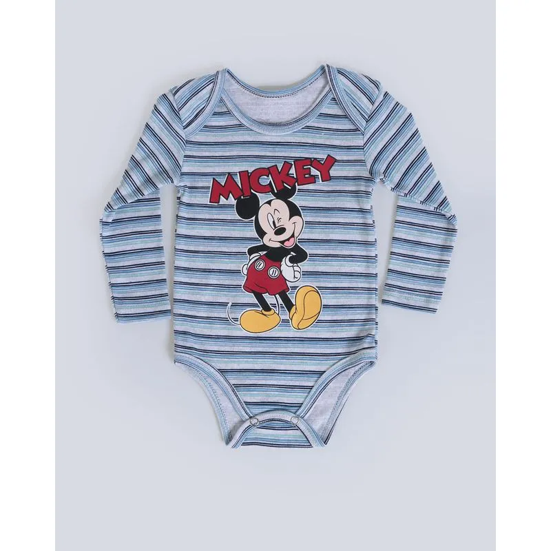 Body Bebê Estampa Mickey Disney Listrado Cinza M