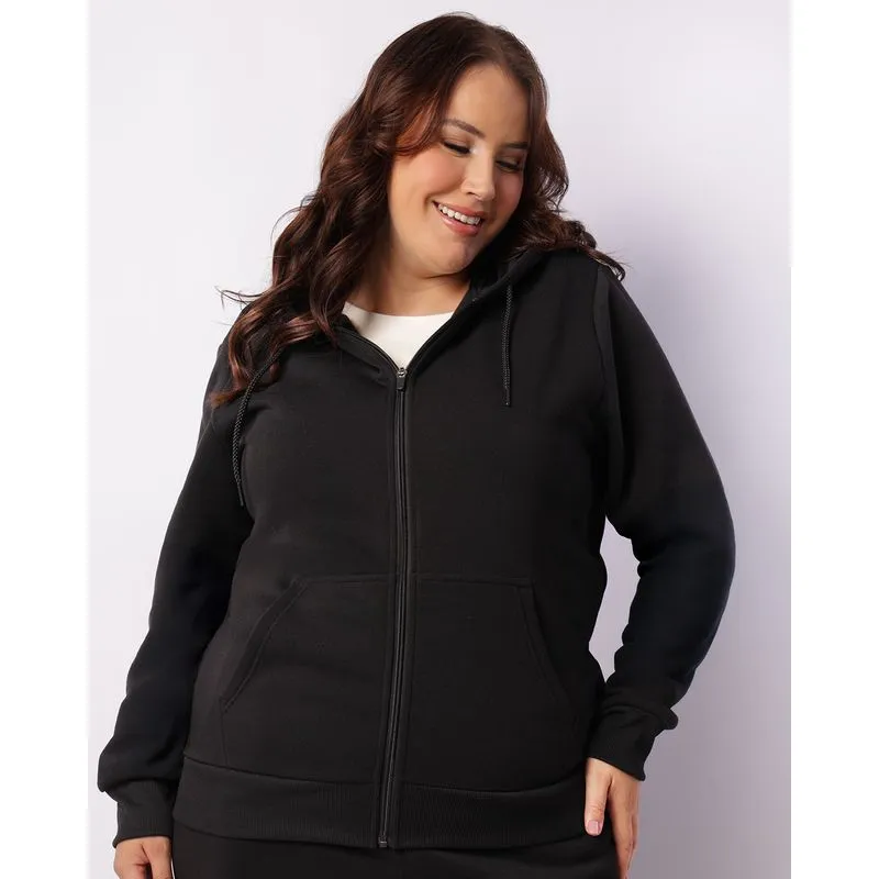 Jaqueta Moletom Feminino Plus Size Com Capuz Preto G2