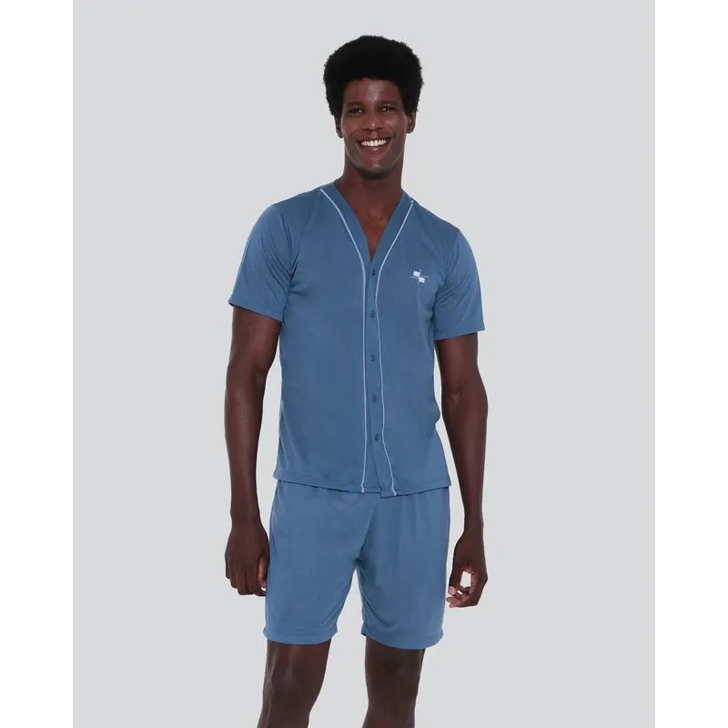 Pijama Masculino Aberto Com Bordado Azul M