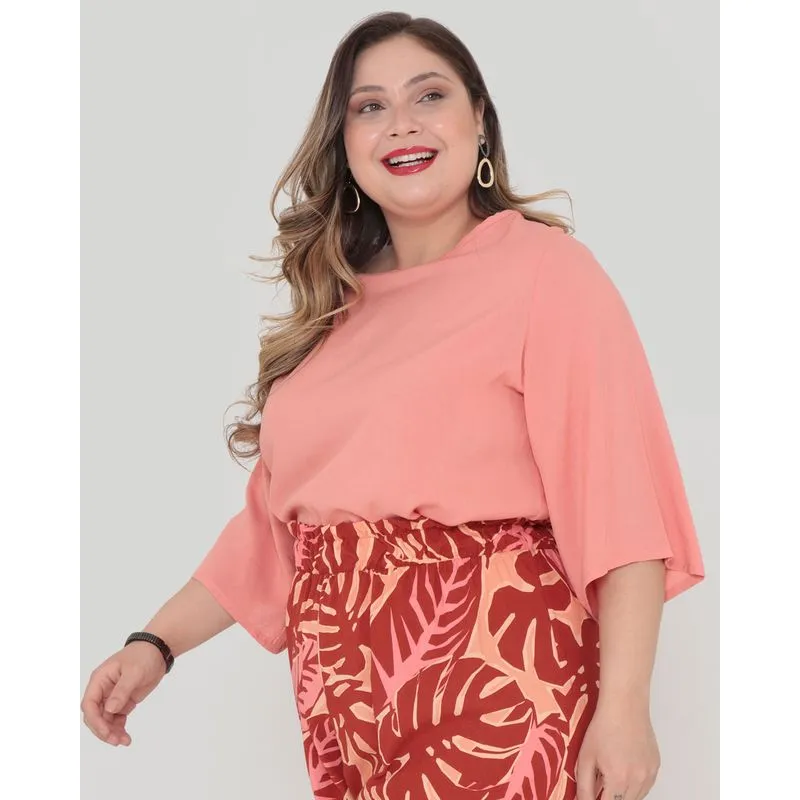 Blusa Plus Size Viscose Manga 3/4 Rosa Claro G1