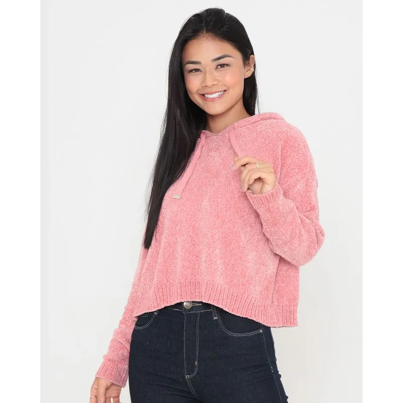 Suéter Feminino Com Capuz Tricô Chenille Rosa Claro GG