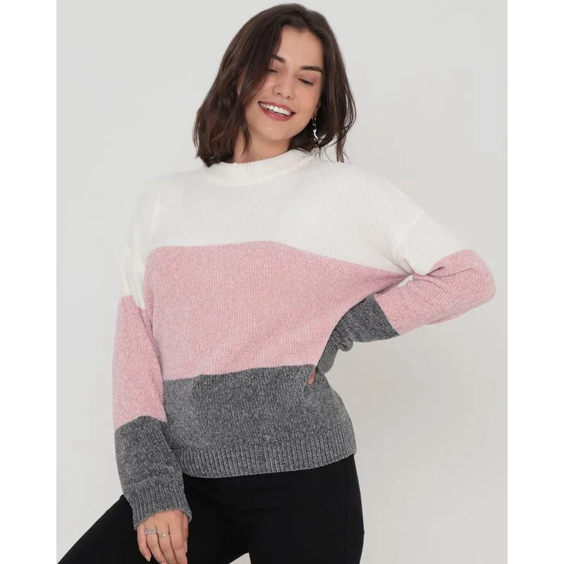 Suéter Feminino Tricô Chenille Com Listras Off White P