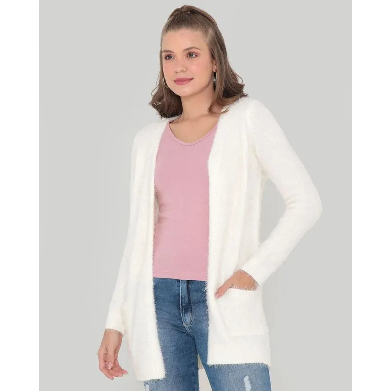 Cardigan Feminino Chenille Tricô Off White P