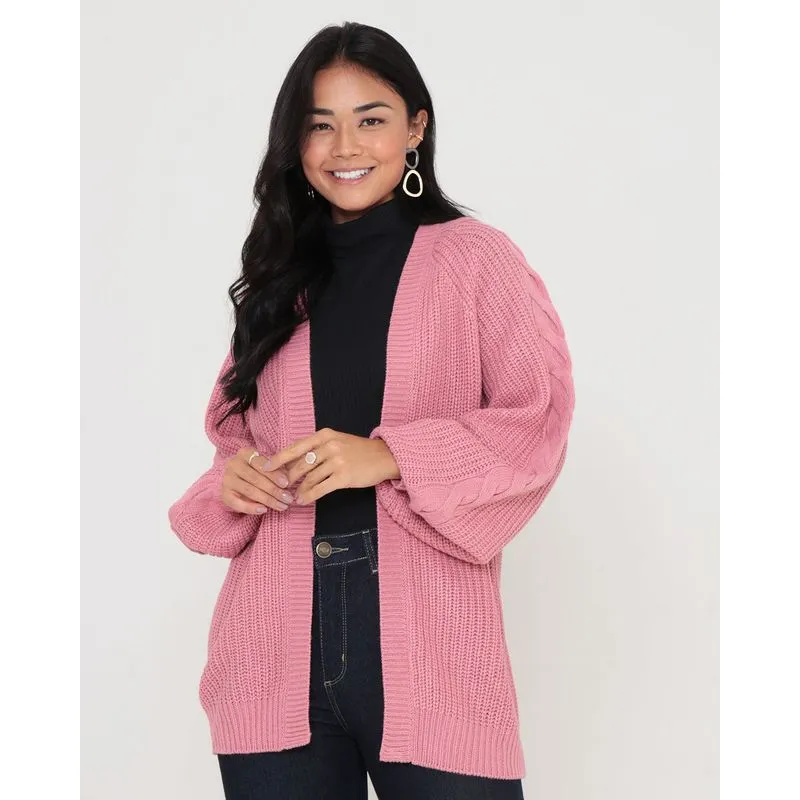Cardigan Alongado Tricô Ponto Trançado Rosa G