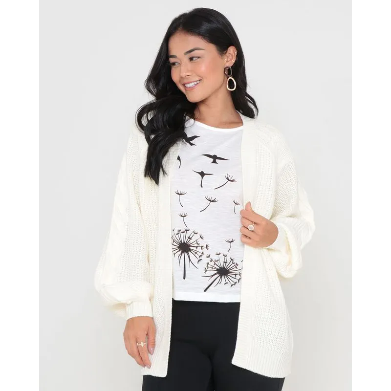 Cardigan Alongado Tricô Ponto Trançado Off White G