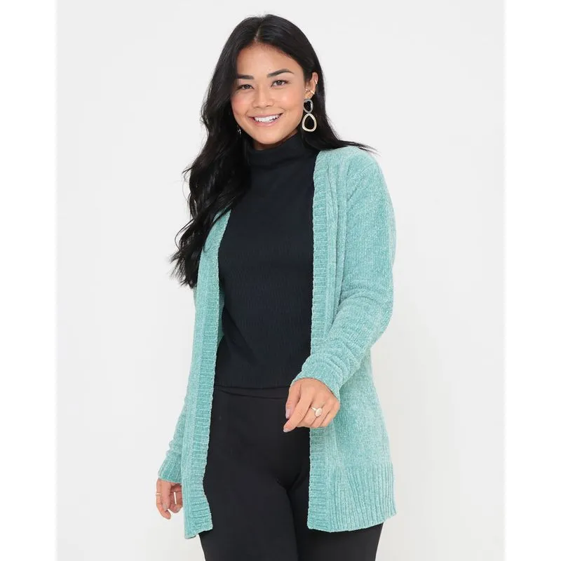 Cardigan Feminino Tricô Chenille Liso Verde M