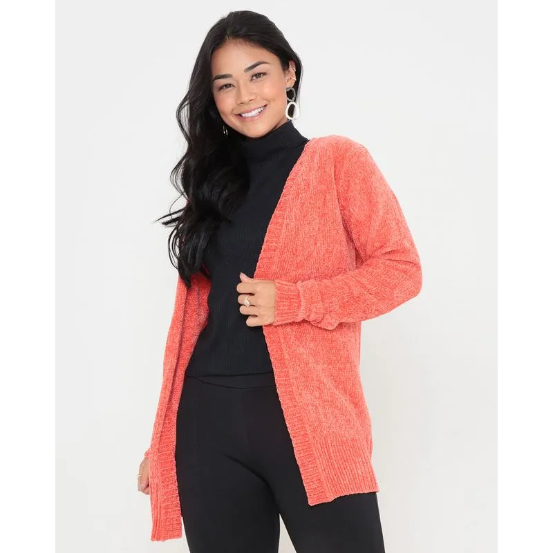 Cardigan Feminino Tricô Chenille Laranja GG