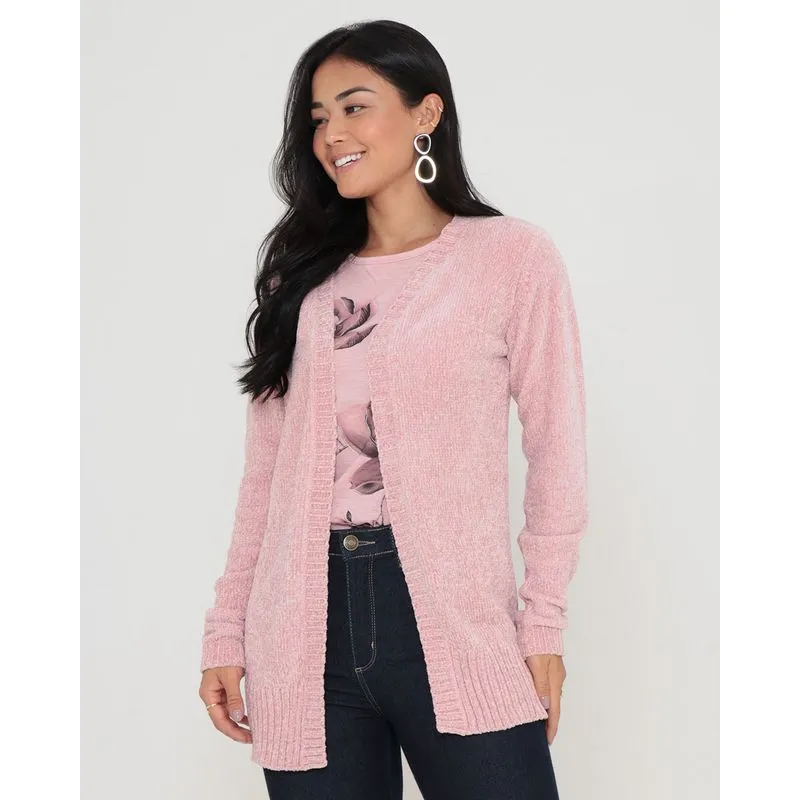 Cardigan Feminino Tricô Chenille Rosa G