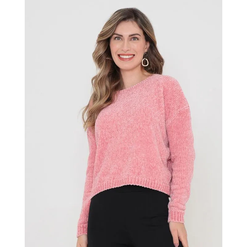 Suéter Feminino Tricô Aveludado Rosa Claro P