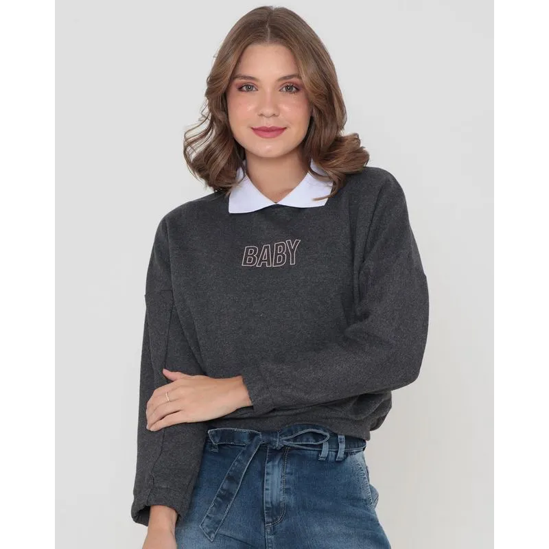 Blusão Moletinho Feminino Gola Esporte Cinza Escuro G
