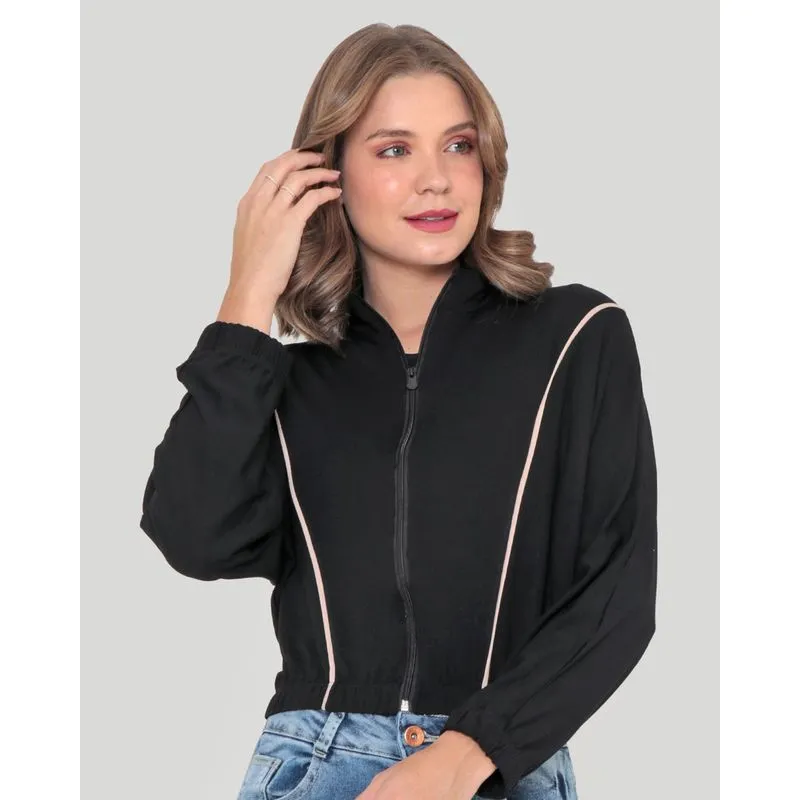 Casaco Feminino Viscose Zíper Friso Preto P