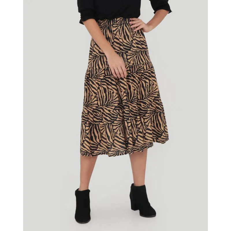 Saia Midi Babados Animal Print Preta M