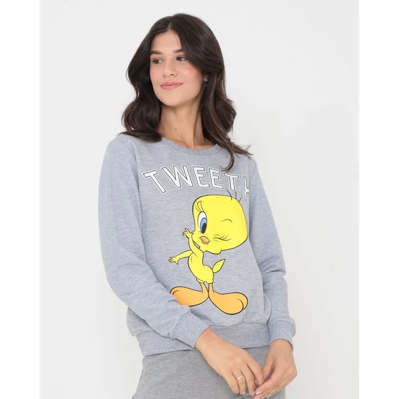Blusão Feminino Moletinho Piu-Piu Looney Tunes Mescla Cinza P