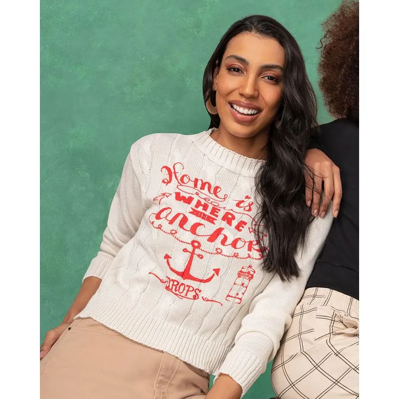 Suéter Tricô Feminino Manga Longa Âncora Off White M