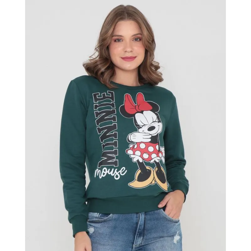 Blusão Moletinho Feminino Minnie Mouse Disney Verde Escuro GG