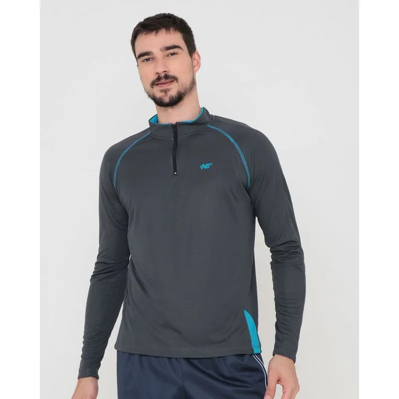 Camiseta Masculina Manga Longa Esportiva Gola Alta Cinza Escuro P