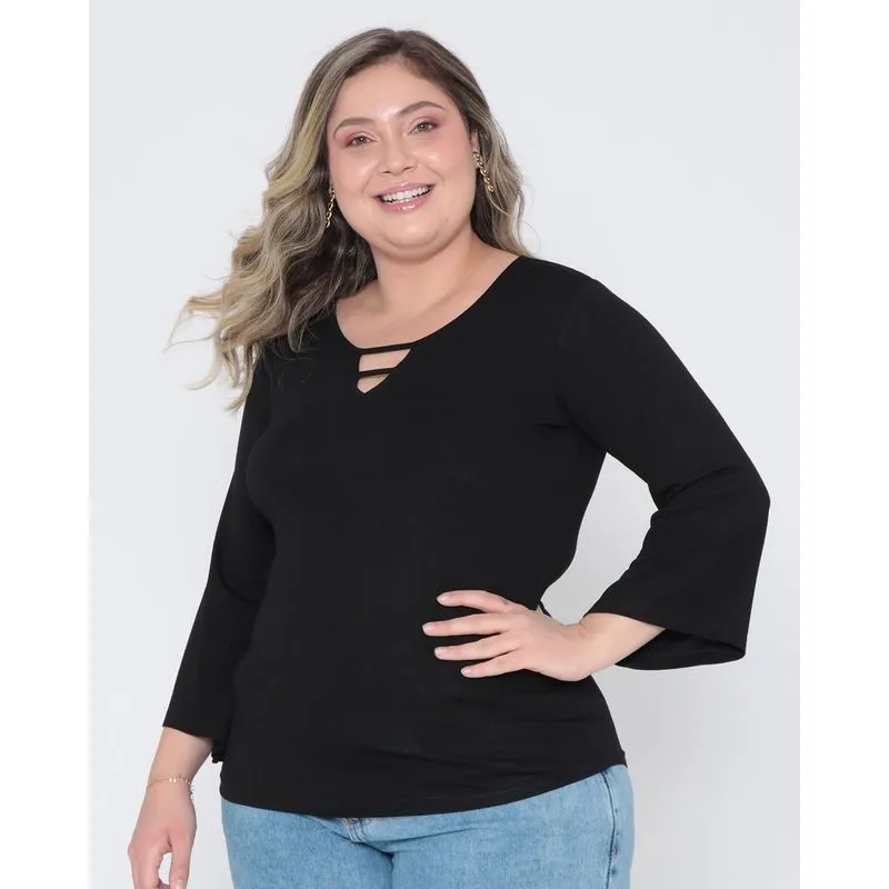 Blusa Plus Size Manga Flare Preta G2