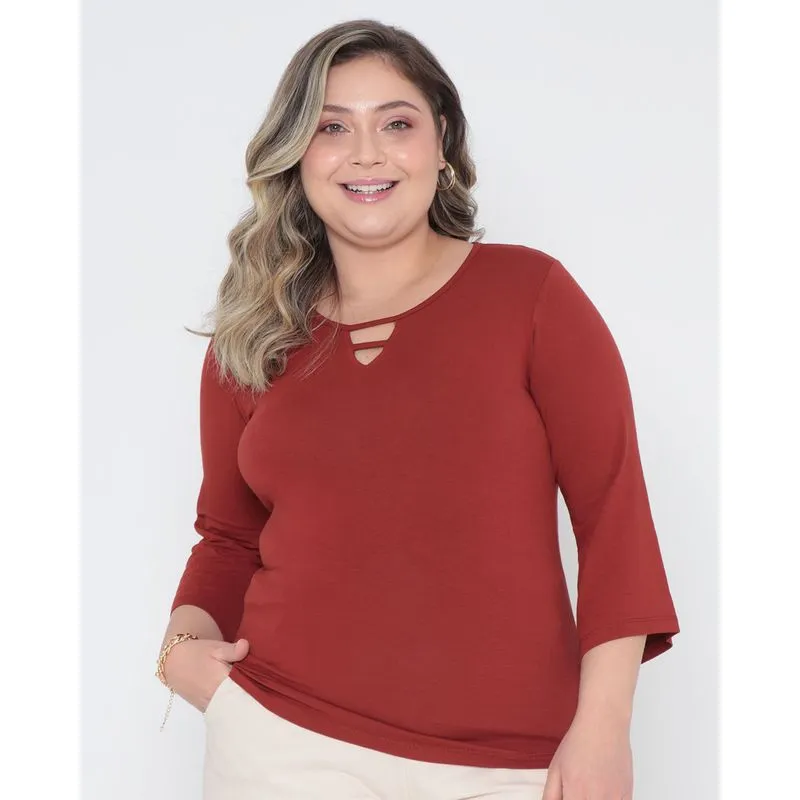 Blusa Plus Size Manga Flare Terracota Médio G1