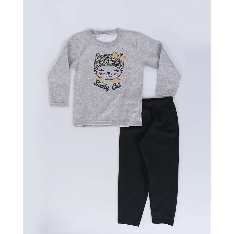 Conjunto Moletom Bebê Gatinho Animal Print Cinza 2