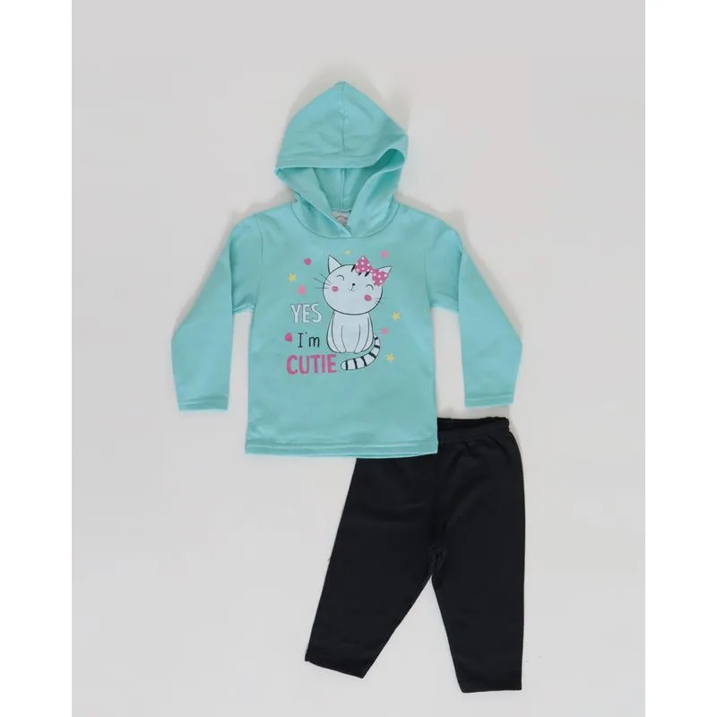 Conjunto Bebê Moletom Capuz Gatinha Cutie Azul Claro 3