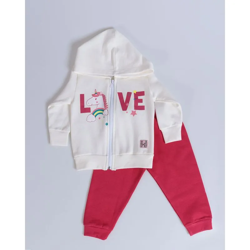 Conjunto Moletom Bebê Estampa Unicórnio Off White E Rosa G