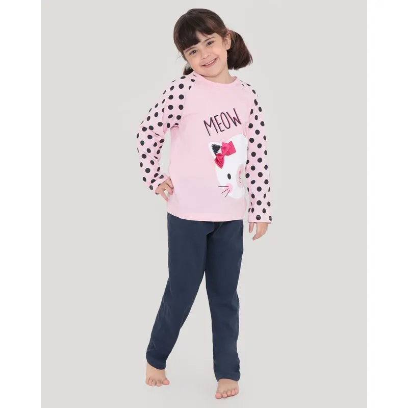 Pijama Infantil Estampa Gatinha Meow Rosa Claro 10