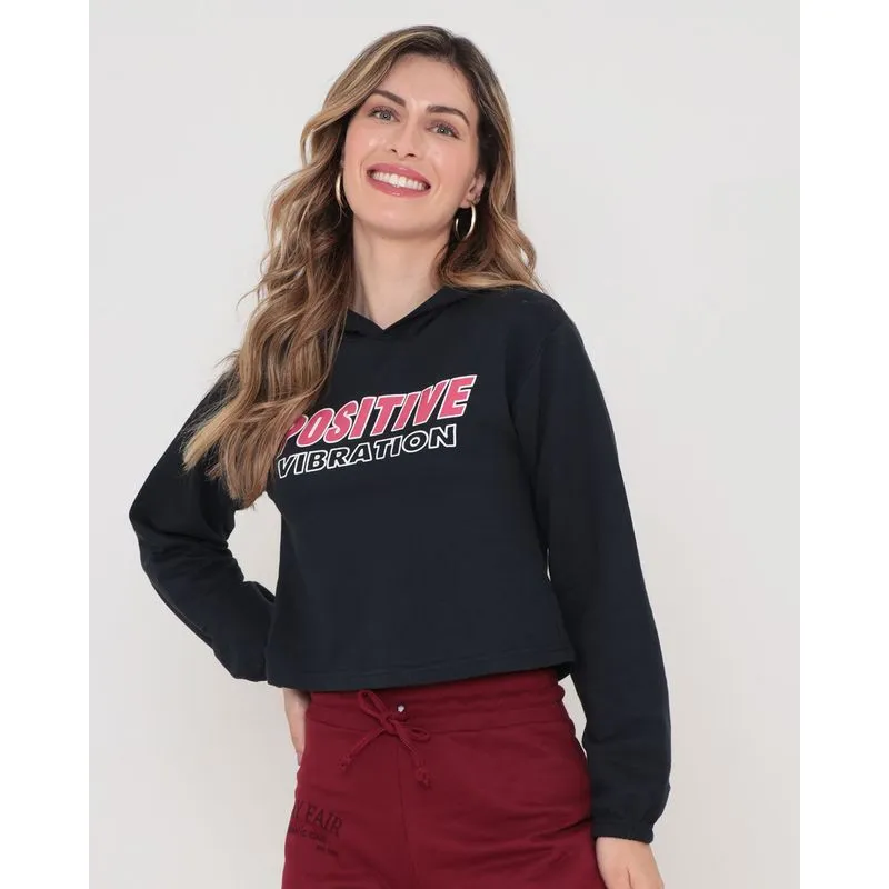 Blusa Cropped Moletom Estampa Positive Preta P