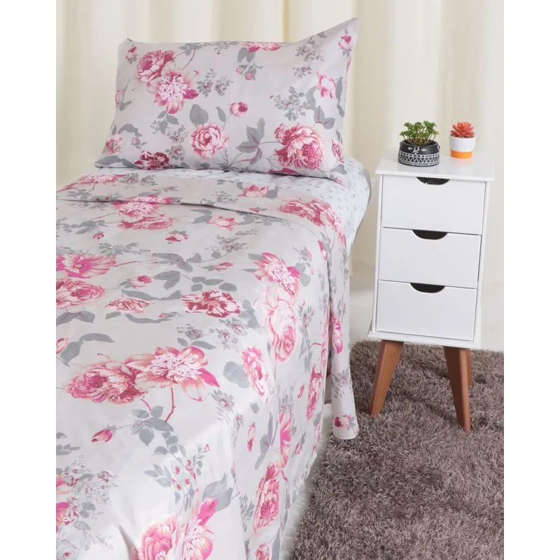 Jogo de Cama Solteiro 3 Peças Arte & Cazza Floral Cinza Rosa UN