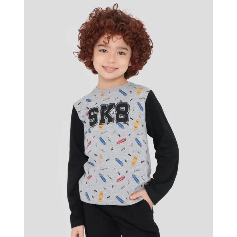 Camiseta Infantil Manga Longa Raglan Sk8 Cinza Claro 6