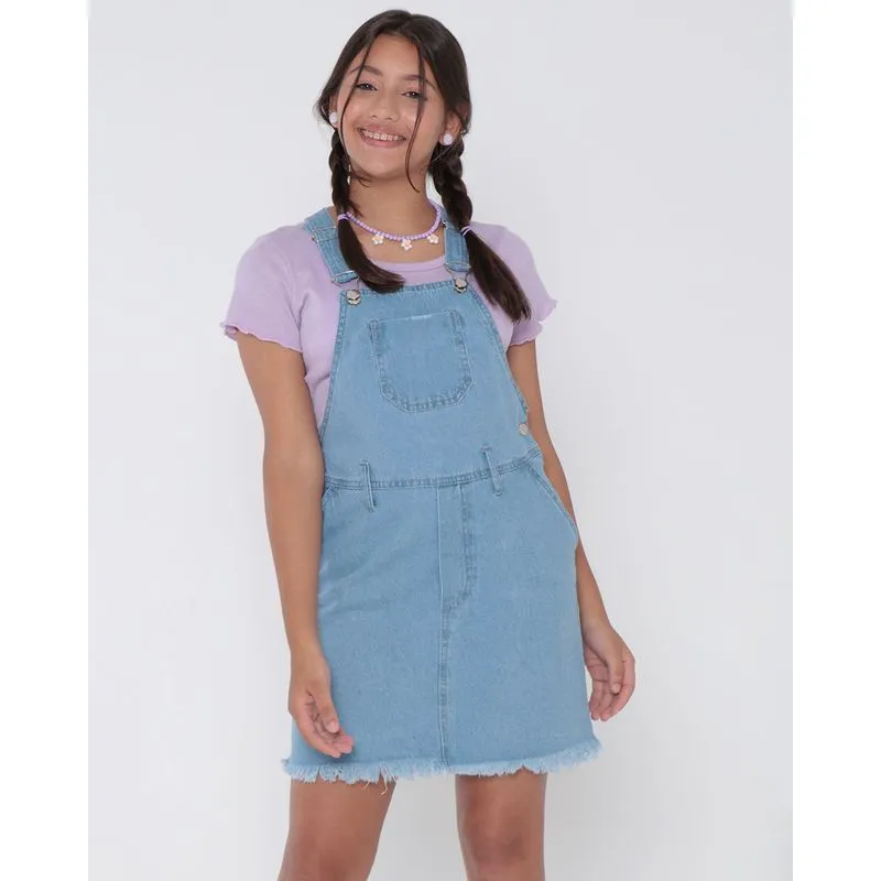 Salopete Jeans Juvenil Barra Desfiada Azul Clara 12