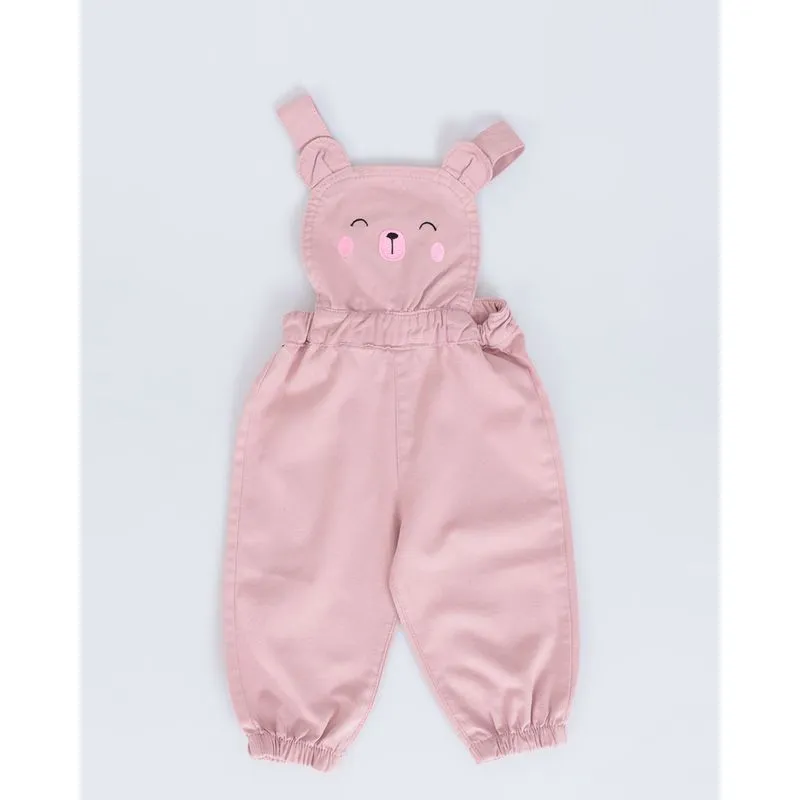 Jardineira Sarja Bebê Jogger Ursinho Rosa Claro G