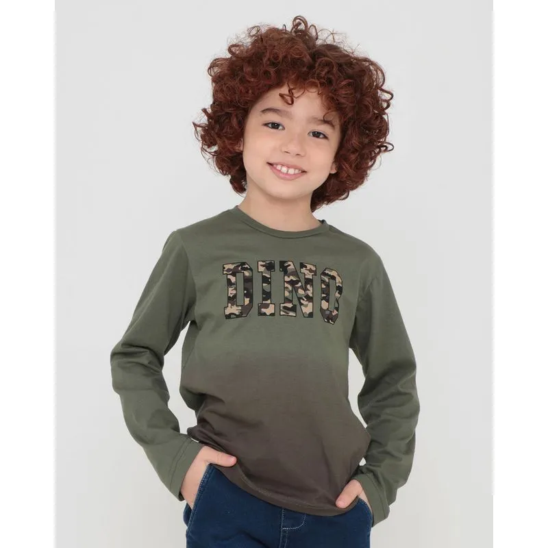 Camiseta Infantil Manga Longa Degradê Estampa Dino Verde 8