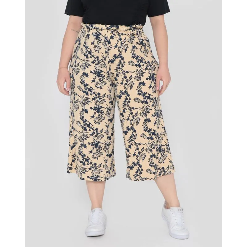 Calça Malha Feminina Plus Size Pantacourt Bege Floral G3