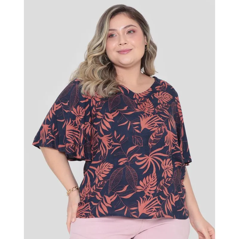 Blusa Feminina Plus Size Viscose Decote V Marinho Floral G3