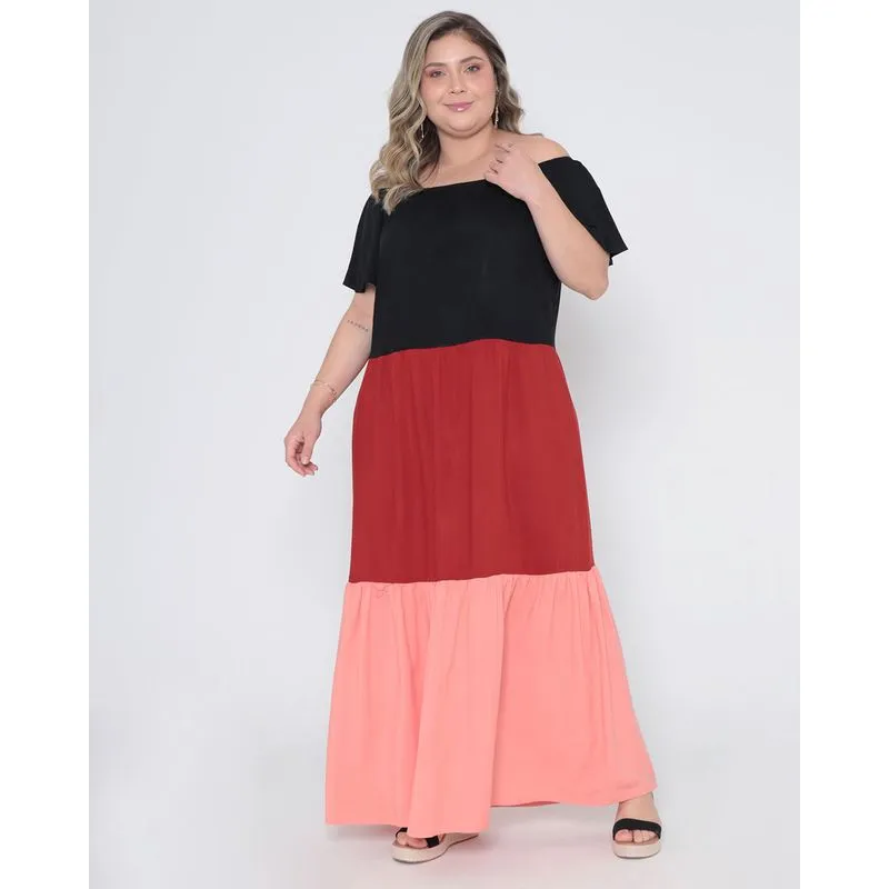 Vestido Ciganinha Feminino Plus Size Longo Recortes Preto G1