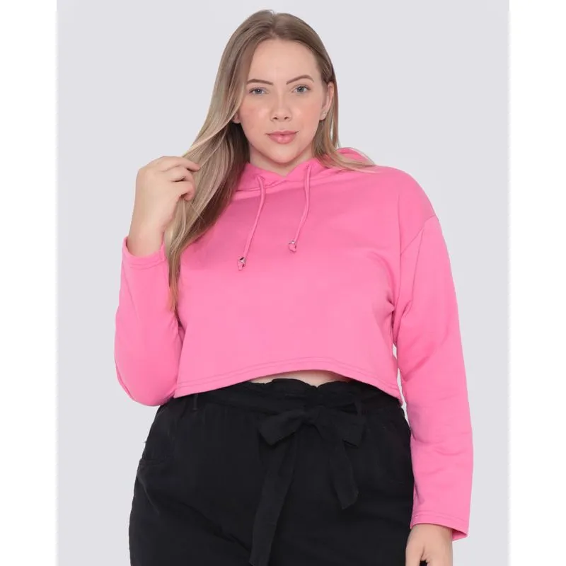 Blusa Moletom Cropped Plus Size Manga Longa Rosa G1