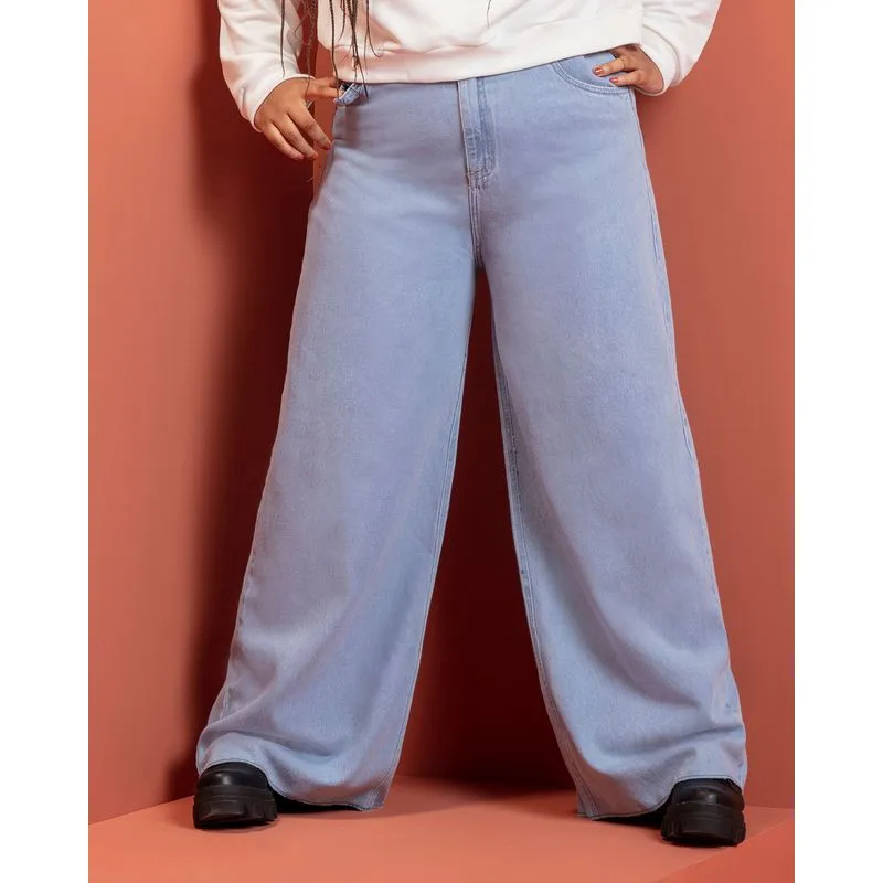Calça Jeans Feminina Plus Size Wide Leg Azul 54