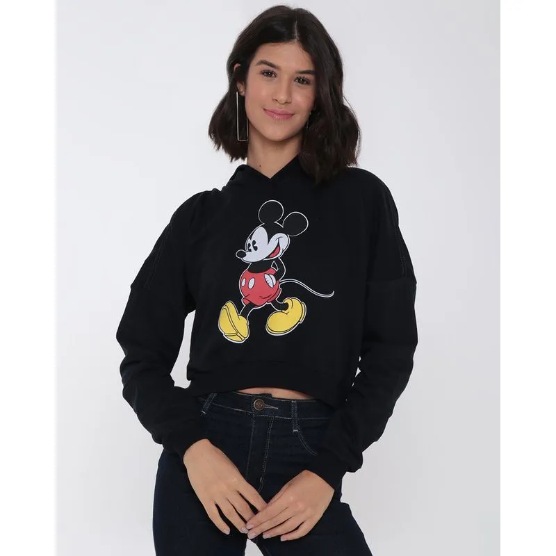 Blusa Cropped Moletom Feminino Disney Mickey Preto G
