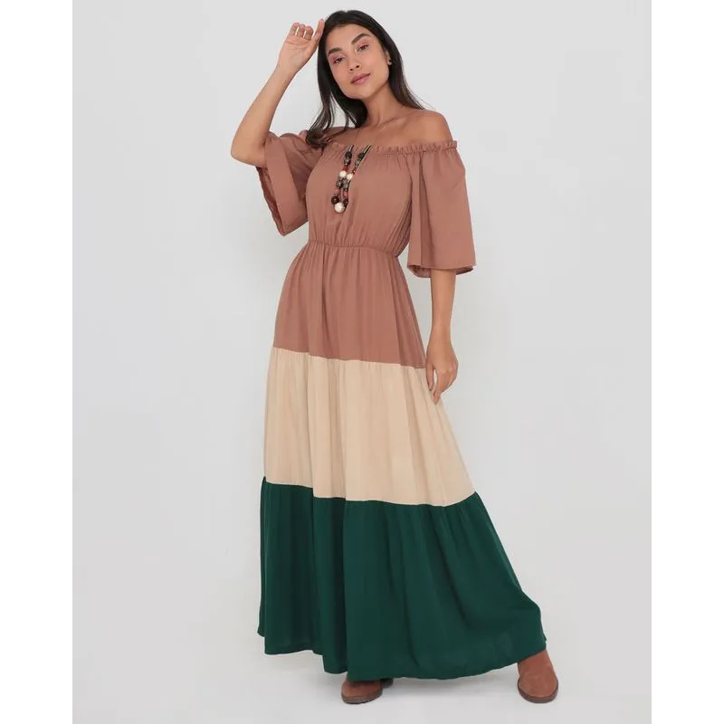 Vestido Ciganinha Feminino Longo Viscose Recortes Bege M