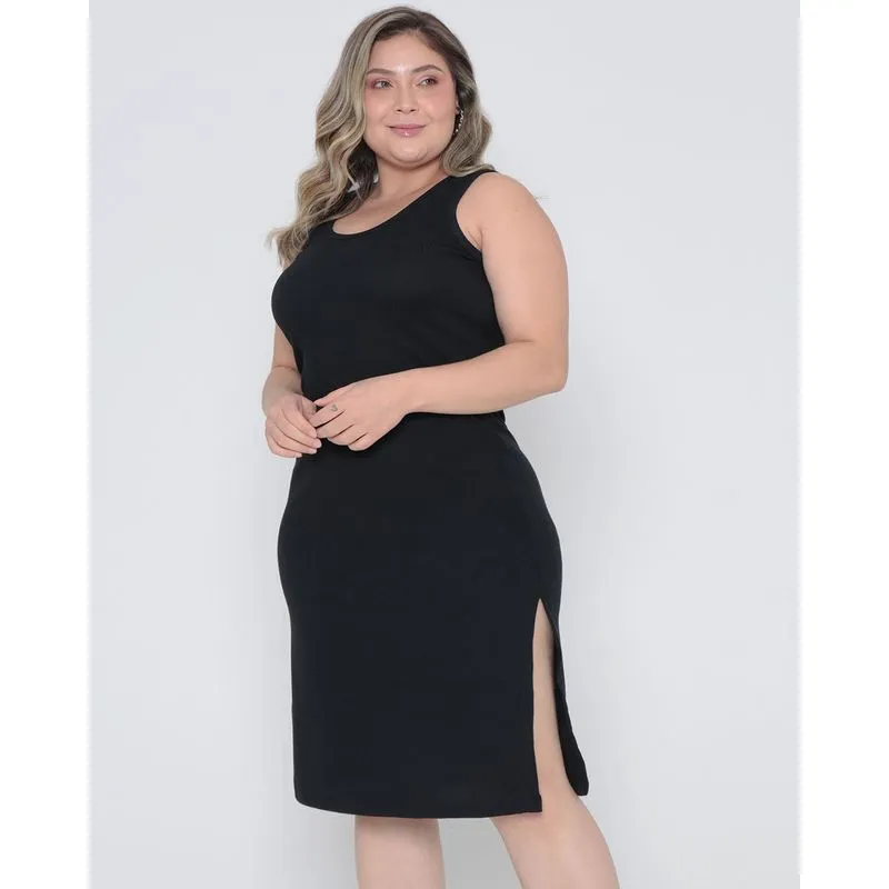 Vestido Plus Size Curto Canelado Abertura Lateral Preto G1