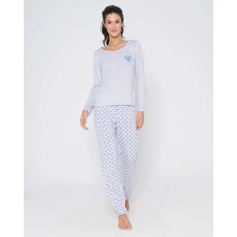 Pijama Feminino Longo Estampa Corações Cinza Claro M
