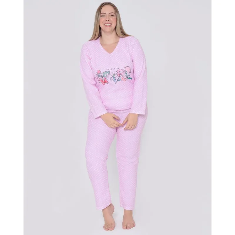 Pijama Feminino Plus Size Soft Longo Poá Rosa Claro 48